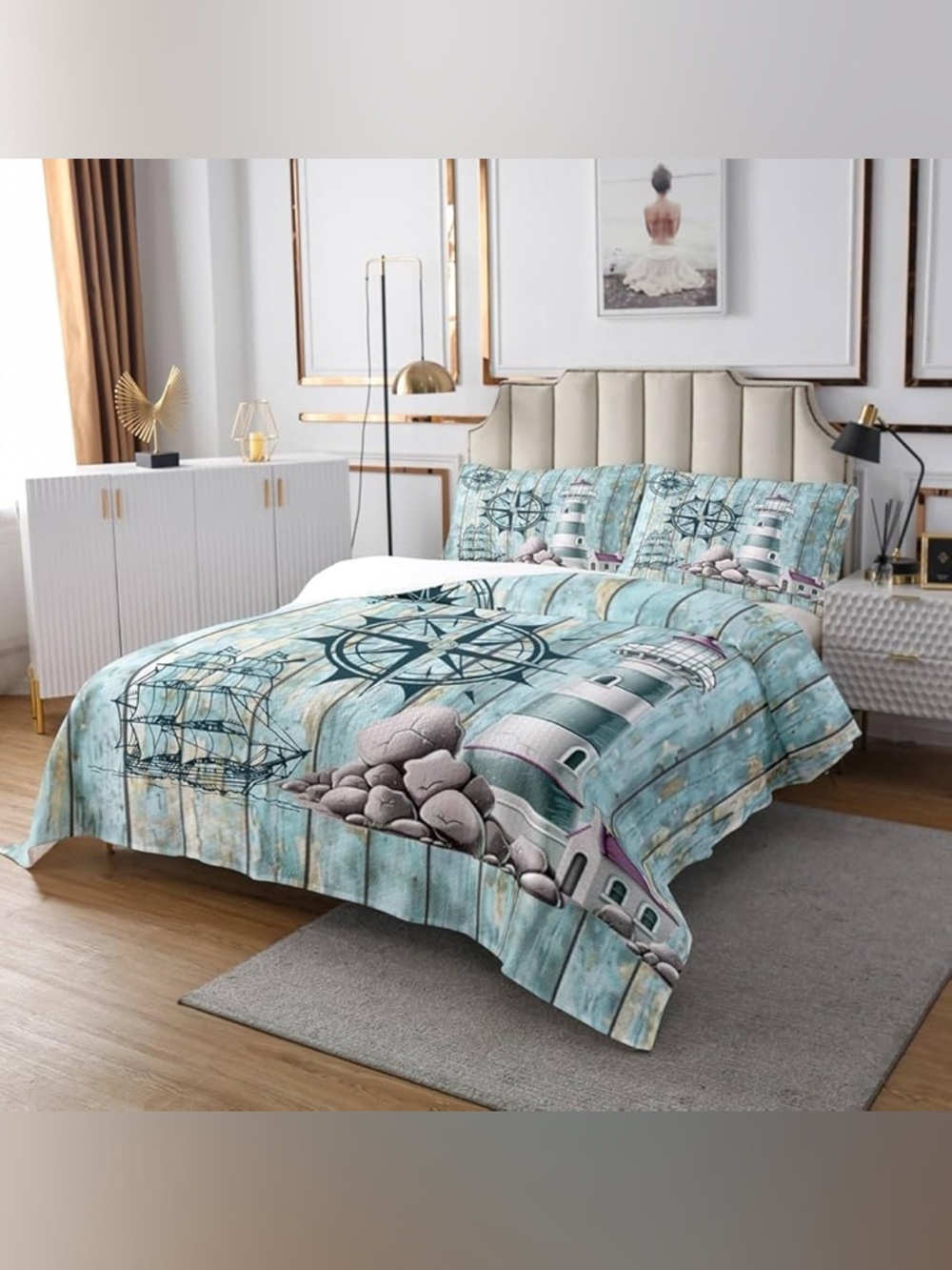 Erosebridal Lighthouse King Quilt,Vintage Sailboat Compass Bedding
